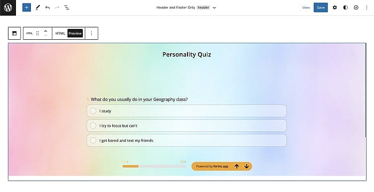Previewing how your quiz looks on a WordPress website